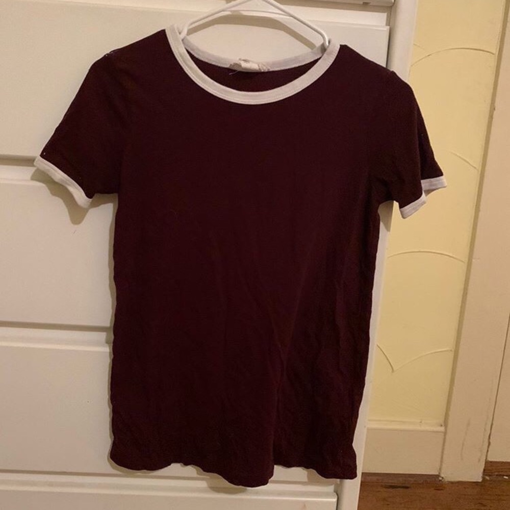 Maroon tee shirt with white out lined